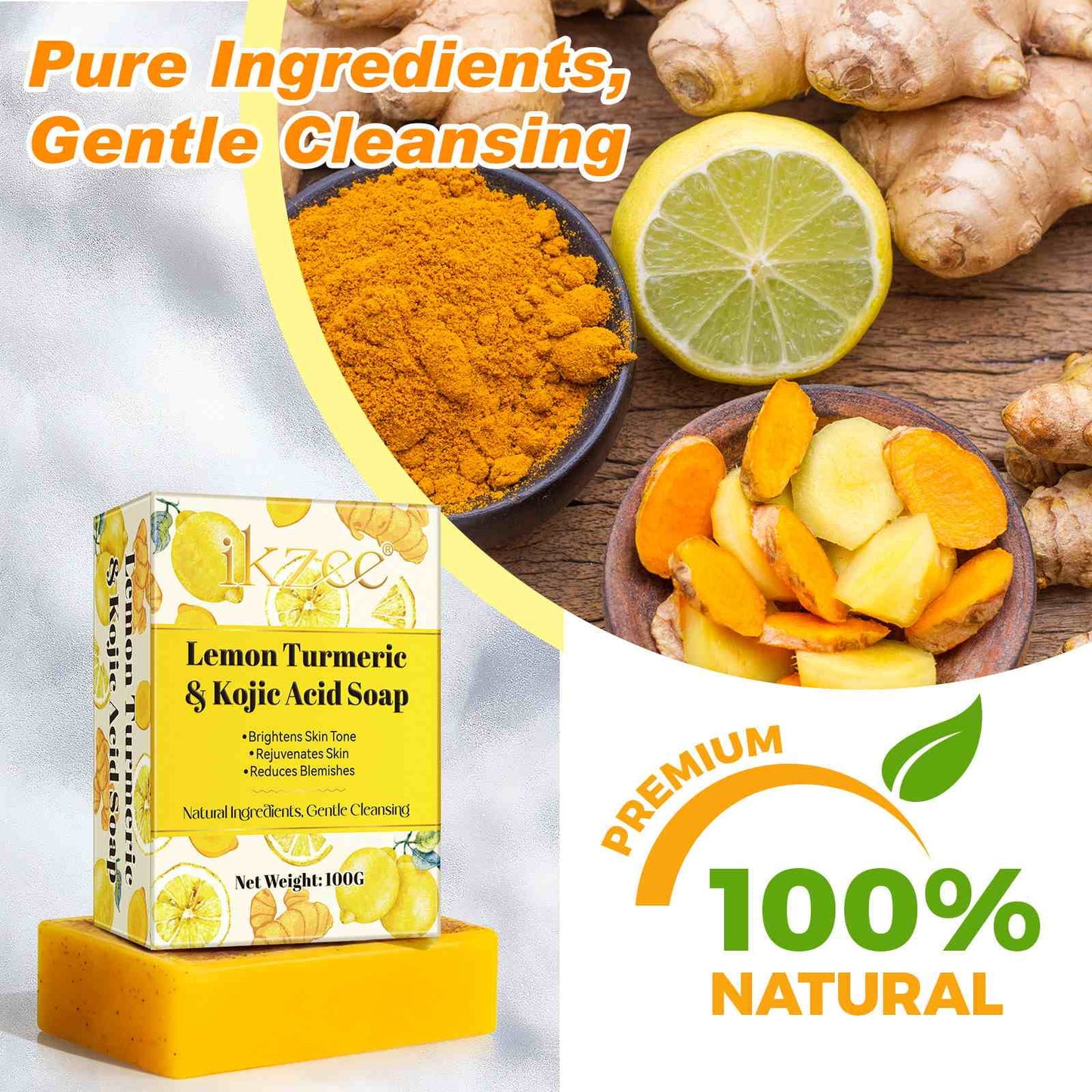 Lemon Turmeric Kojic Acid Soap, Natural Ingredients, Gentle Cleansing, Clean Skin, with Foam Mesh Bags, 100G